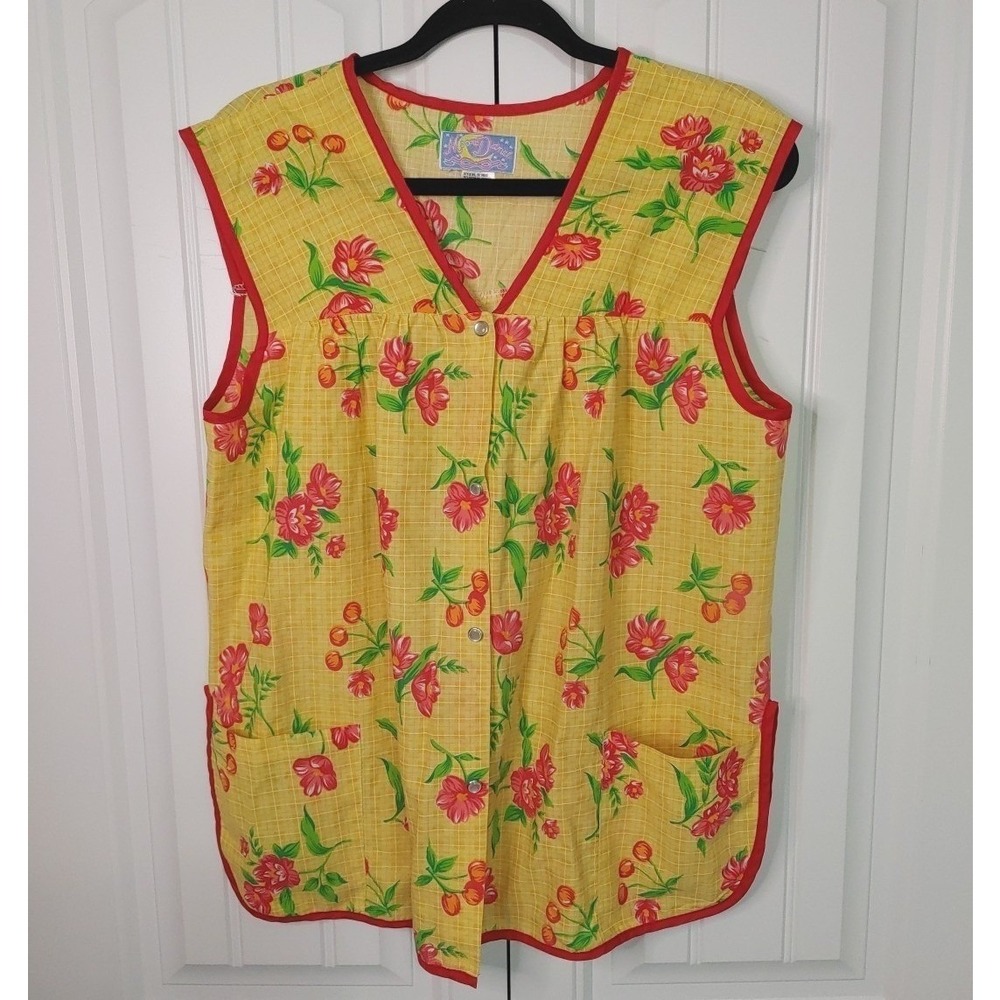 Vintage House Coat Art Smock Womens L Kitchen Cobbler Vest Pearl Snap Floral